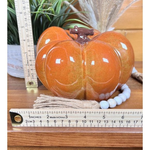 New CERAMIC PUMPKIN 8" Glazed Golden Orange with Brown Stem Fall Decor #4141 - Picture 8 of 9
